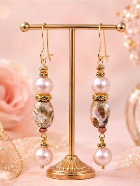 Vintage Faux Pink Pearls and Pink & Gold Vintage Beaded Earrings